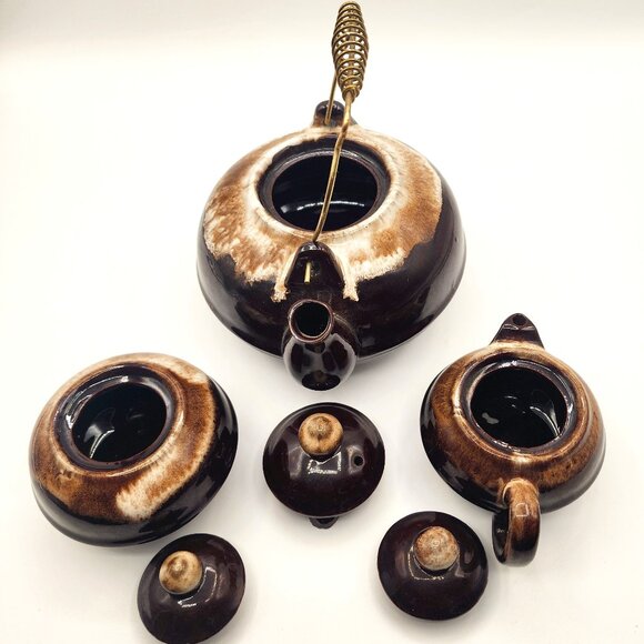 Vintage Redware Drip Glaze Teapot Creamer Sugar Set Wire Handle Ceramic Japan - Picture 6 of 11